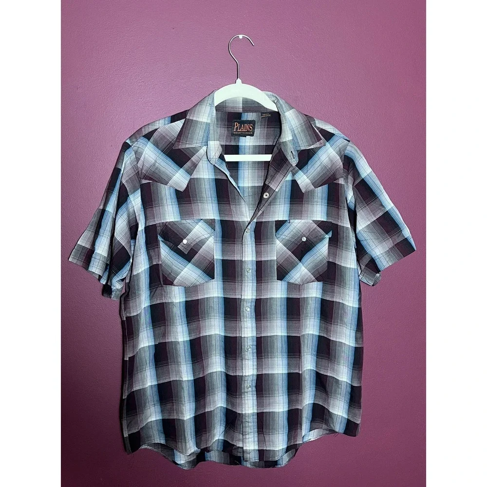 Plains Western Wear Mens Blue Purple Plaid Pearl Snap Short Sleeve Shirt